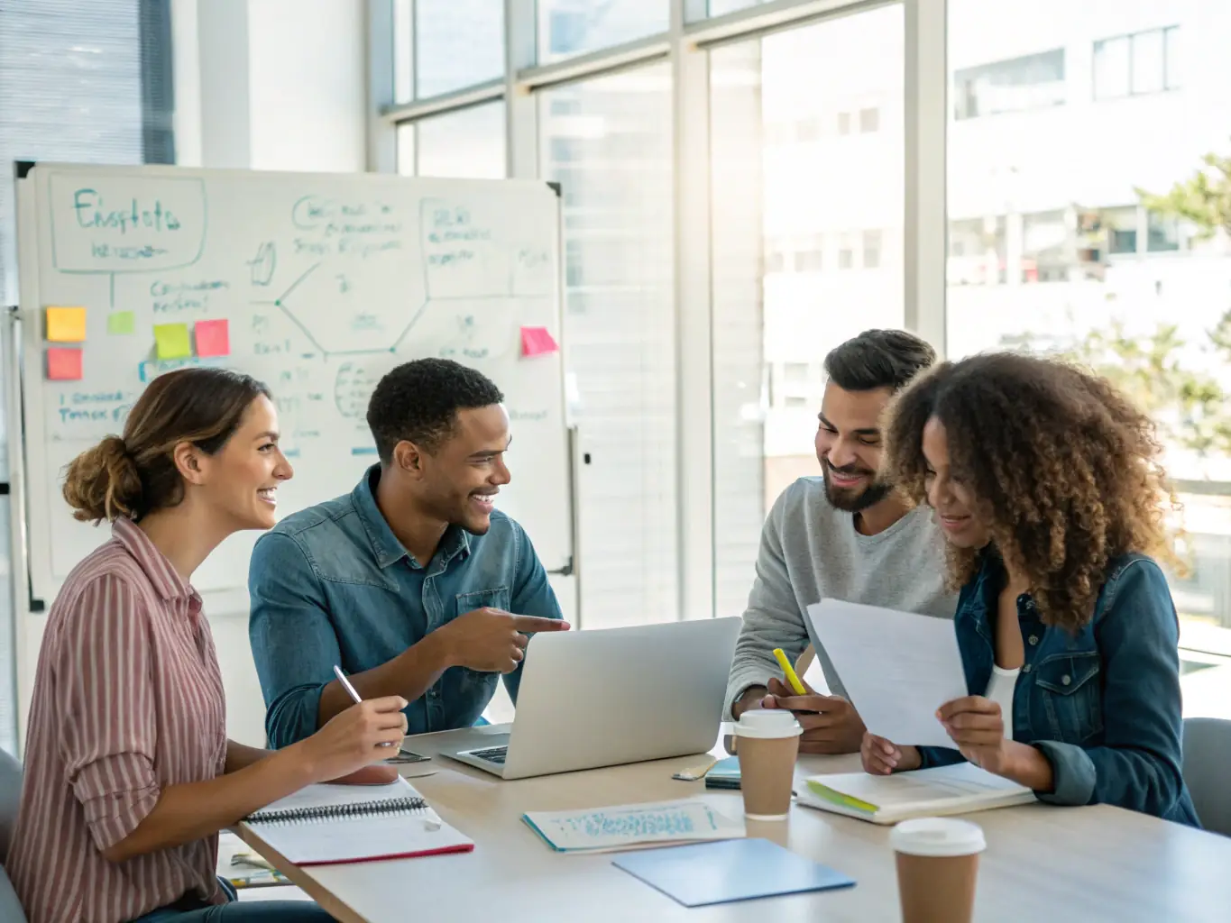 A diverse team of professionals collaborating in a co-working space in Manchester, brainstorming ideas and strategizing for business growth, representing the collaborative hustle environment in the UK.