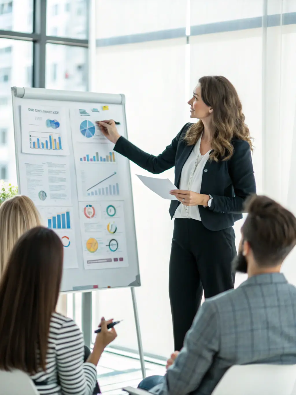 An inspiring image of a business coach presenting a success strategy on a whiteboard, with a diverse team nodding in agreement, showcasing HustleBrit's strategic expertise.
