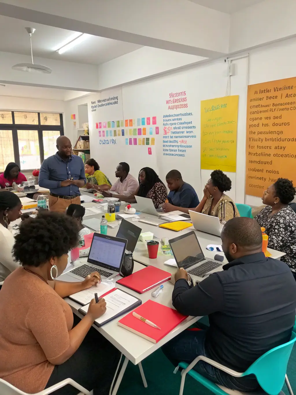 A dynamic image of a business coach leading a workshop, filled with engaged participants in a modern co-working space, reflecting HustleBrit's interactive approach.