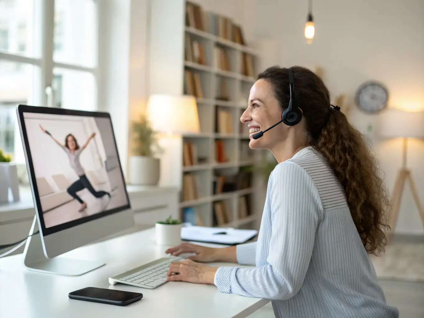 A business coach in a video call with a client, providing guidance and support, illustrating the personalized coaching approach to developing effective hustle strategies.