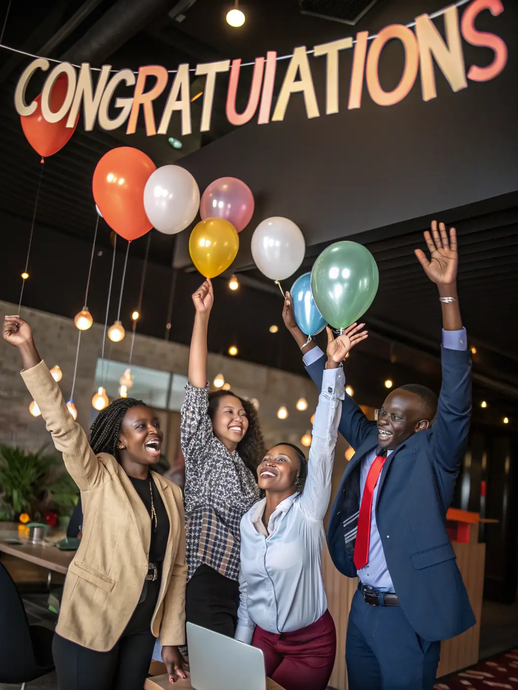 A successful British startup founder celebrating a milestone achievement with their team, showcasing the results of effective coaching and strategic planning.