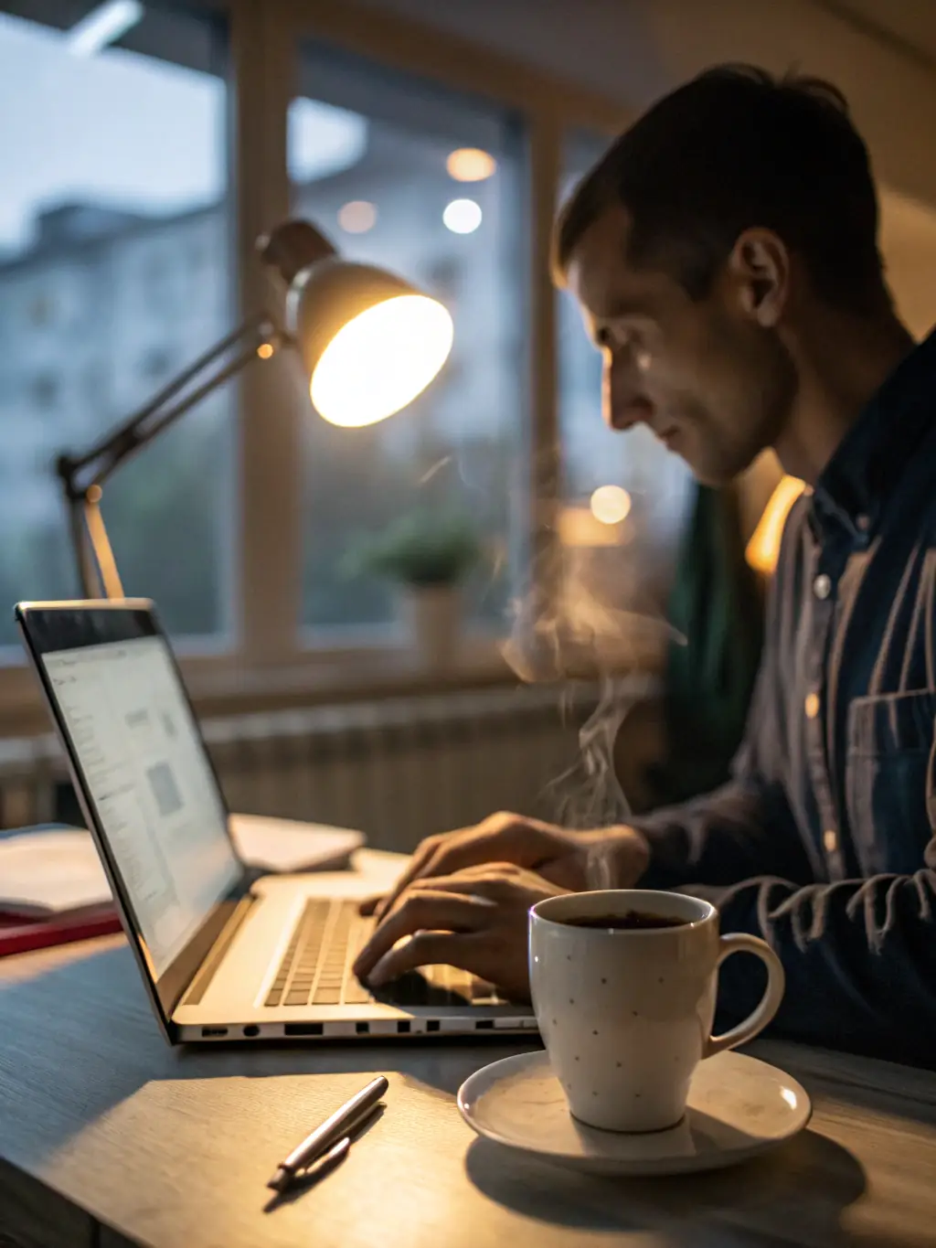 A determined British entrepreneur working late at night in a modern office, illuminated by the glow of a laptop screen, symbolizing dedication and hard work.