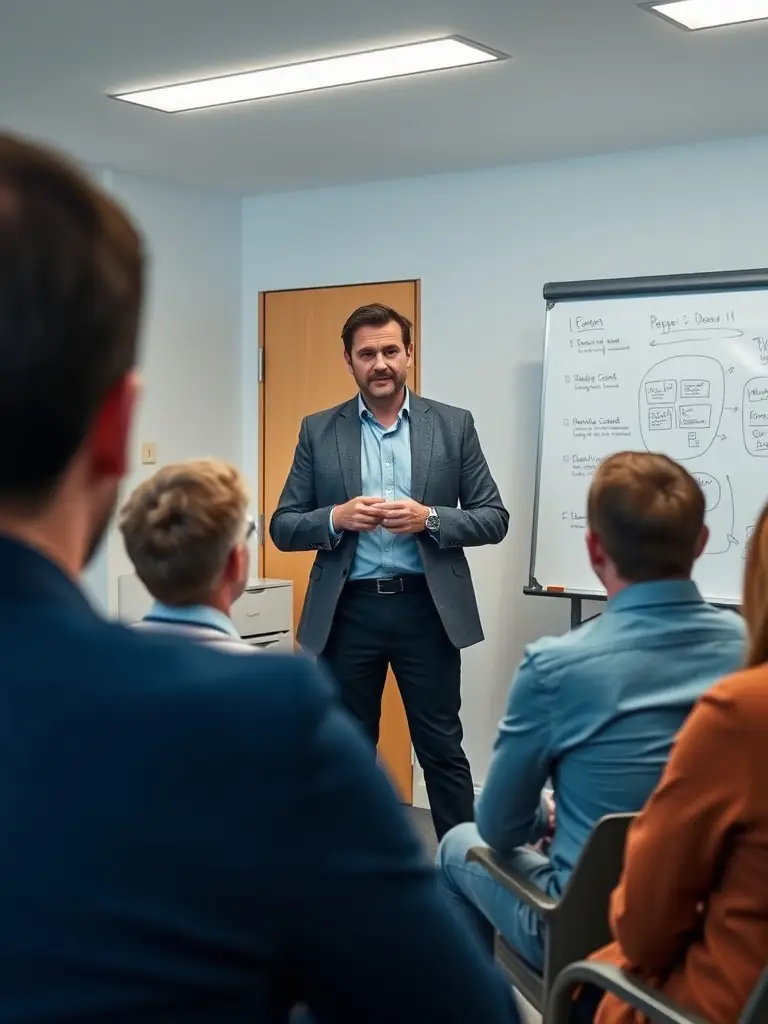 A business coach leading a workshop, engaging with participants and sharing practical tips for effective hustling and business success.