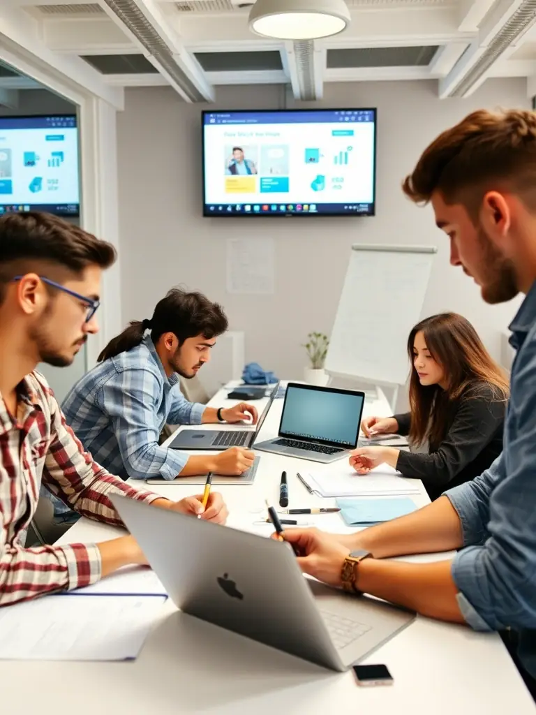 A diverse group of UK-based entrepreneurs collaborating around a table, brainstorming ideas and strategizing for business growth.